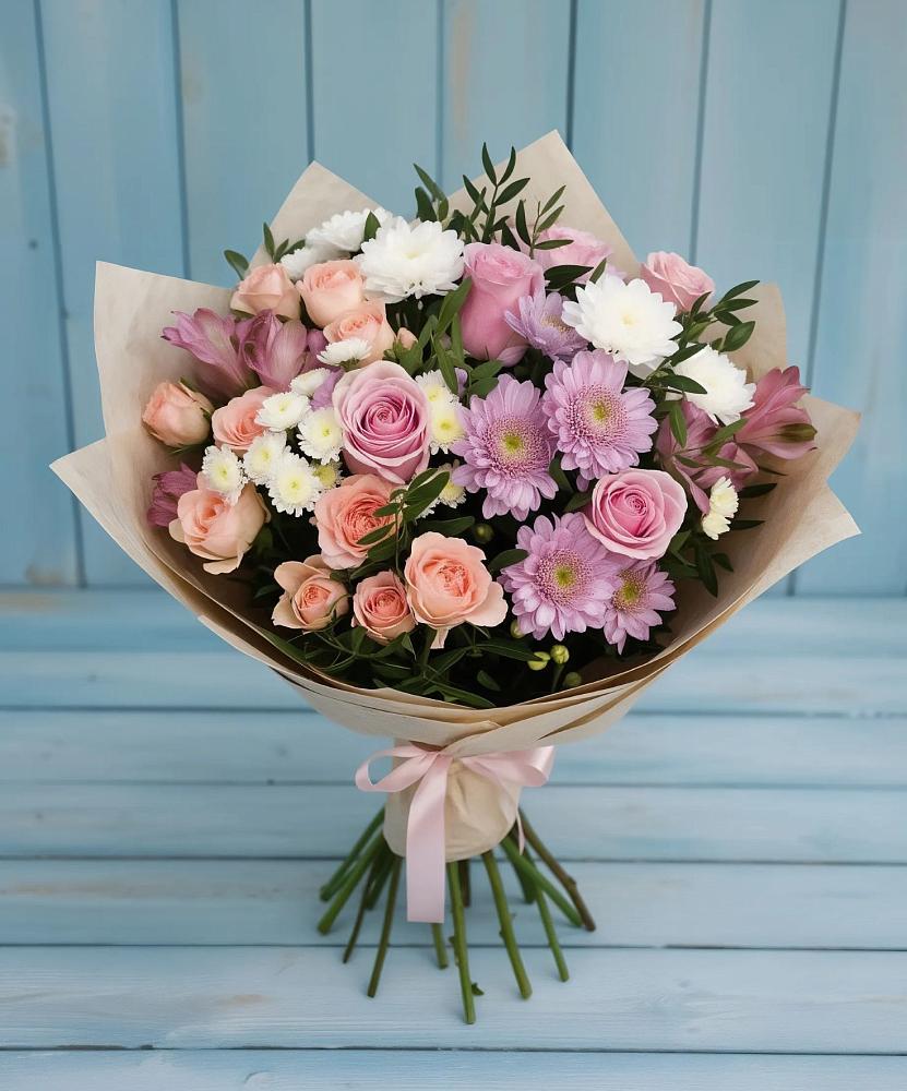 Букет цветов из: Хризантемы, Розы и Альстромерии в Ольгинской Краснодарского края