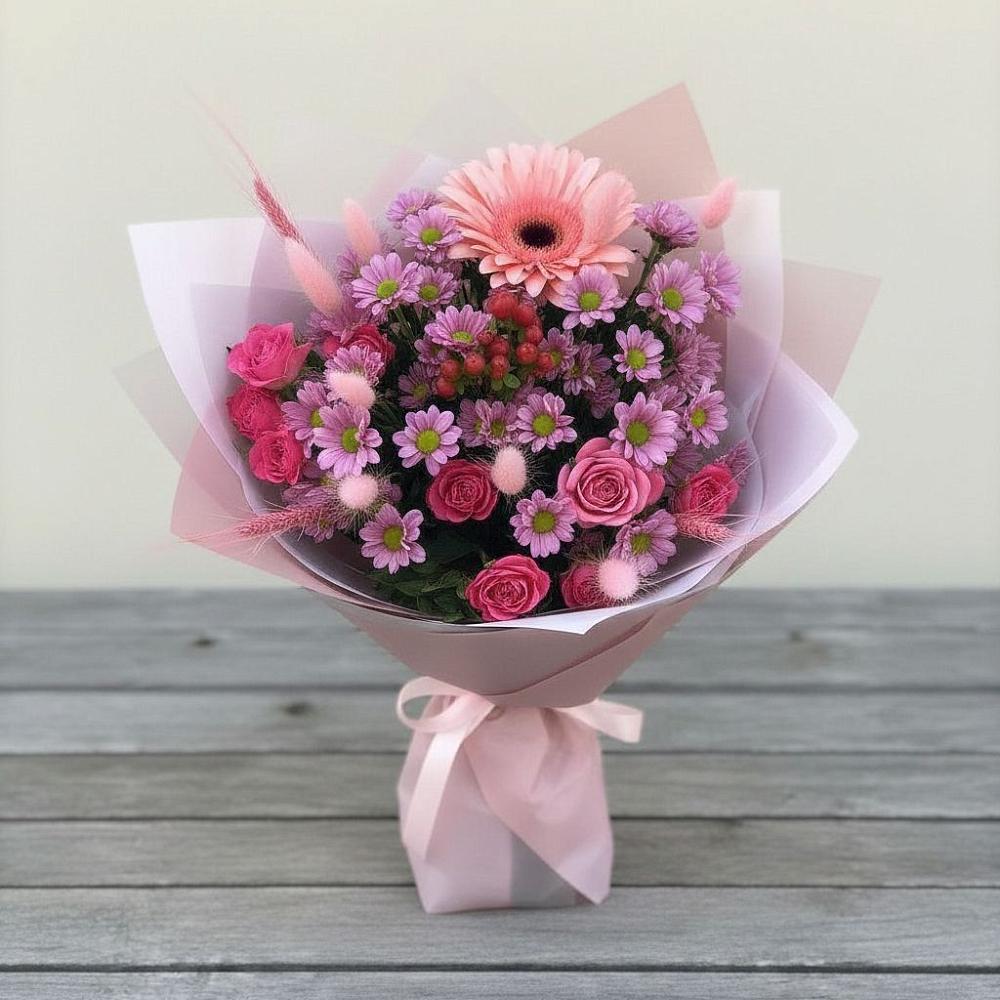 Букет цветов из: Розы, Герберы и Хризантемы в Ольгинской Краснодарского края