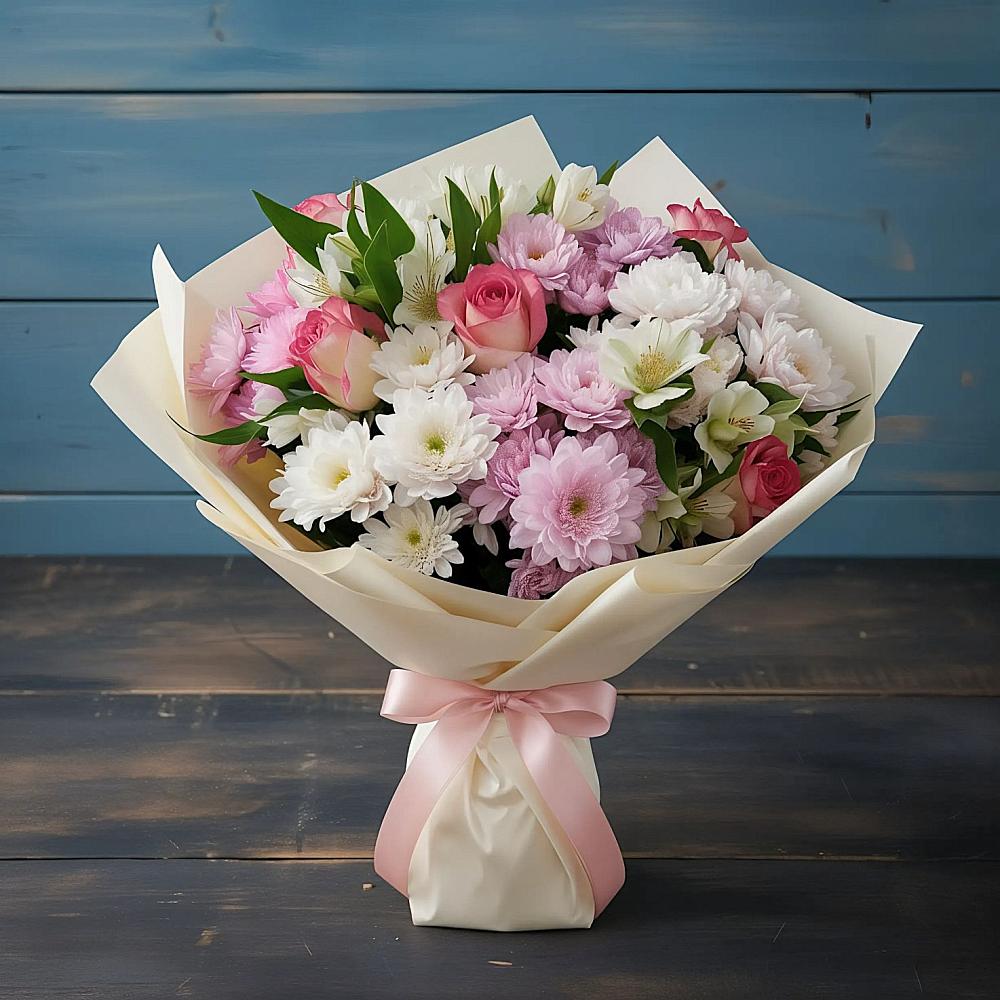 Букет цветов из: Хризантемы, Альстромерии и Розы в Ольгинской Краснодарского края